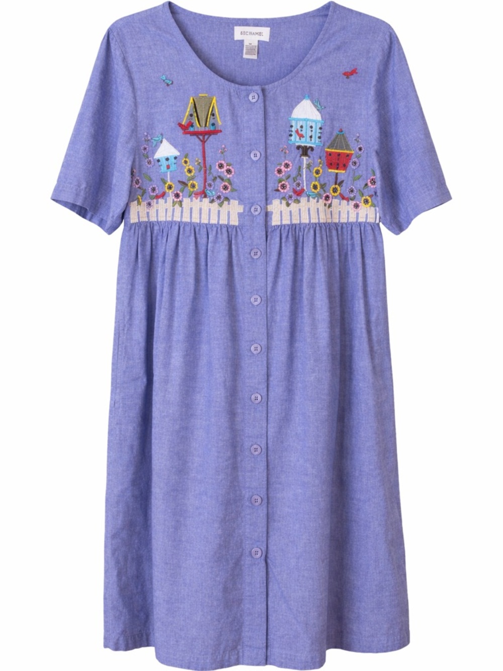Chambray Button-Front Dress with Birdhouse Embroidery